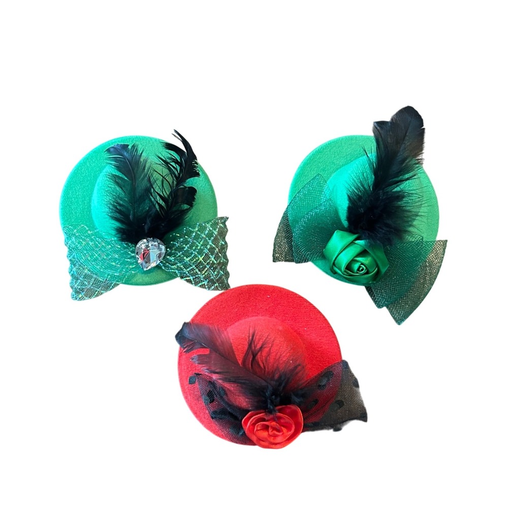 ⭐️ Vintage Mini Top Hats Hair‎ Clip Red Green Feather Flower Costume Bundle Set